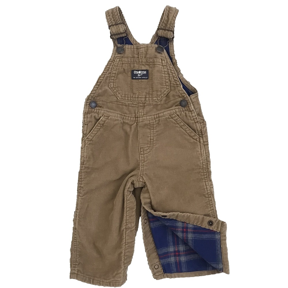 Oshkosh B'gosh Corduroy Vestbak Bib Overalls Flannel Lined Baby 9M Tan Snap Legs